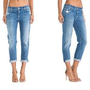 MOTHER Blue Wash The Dropout Cropped Graffiti Girl Boyfriend Jeans